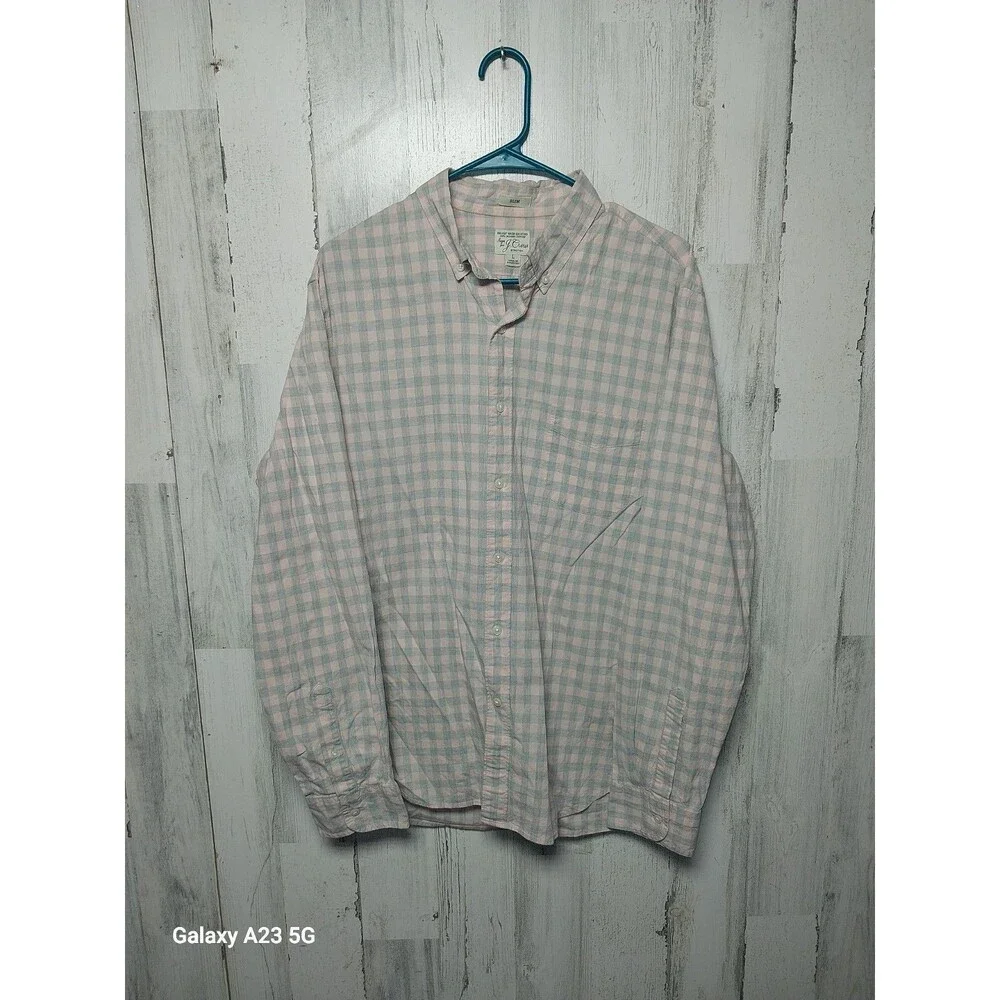 J. CREW SLIM STRETCH Check Print Organic Cotton Button Down Shirt Size Large